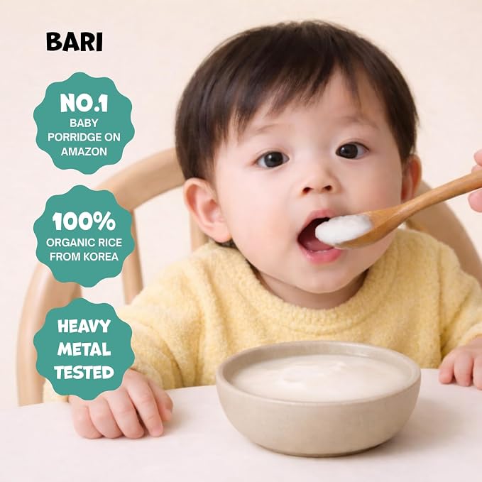 BARI Organic Baby Rice Porridge – Stage 3 – For Babies 10+ Months | USDA Organic, Heavy Metal Tested, Korean Rice Cereal, No Added Sugar, Gluten-Free | 7.3 oz (10 Packets)