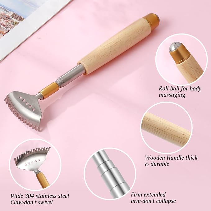 Best Telescoping Back Scratcher, Back-Scratcher for Women Men Kids with Wood Handle, Steel Massage Roller, Wide Claw, Handheld Head Scratcher Back Massager Extend Up to 24Inch