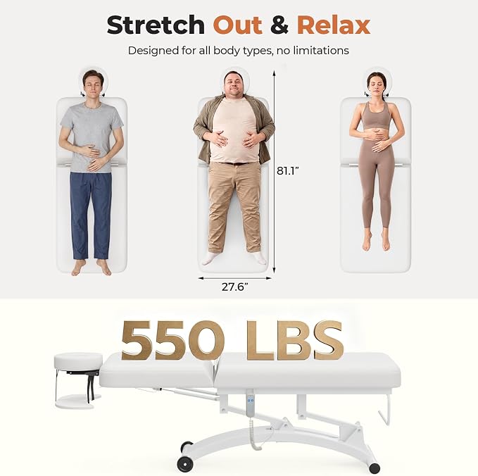 Paddie 550lbs Hi-Lo Electric Massage Table Professional, White | Hydraulic Adjustable Backrest, Adjustable Face Cradle, Rolling Wheels