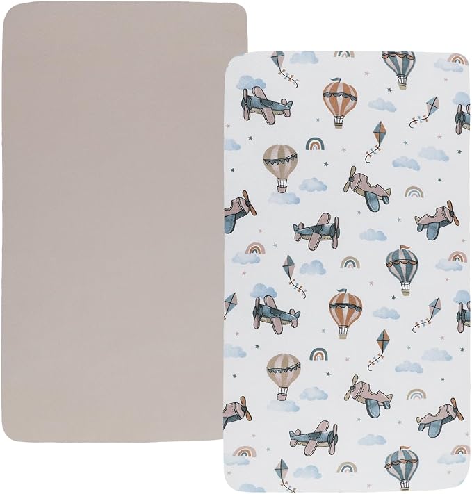 Stretchy Fitted Crib Sheets Set 2 Pack Portable Crib Mattress Topper for Baby Girl Boy,Ultra Soft Jersey Material, Cream & Cloud