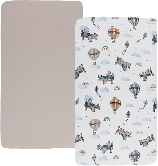 Pack n Play Sheet Stretchy Fitted Portable Mini Crib Sheets Set 2 Pack,Playard Sheets Convertible Playard Mattress Cover,Ultra Soft Jersey Material, Cream & Cloud