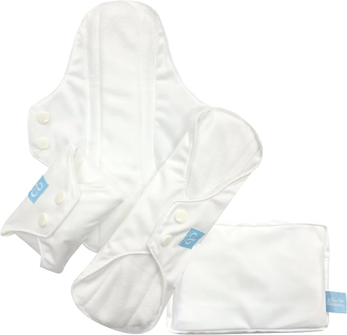 Charlie Banana - Reusable Feminine Pads Super+ 3Pack with Pouch | Washable Menstrual Pads for Heavy & Overnight Absorbency | White