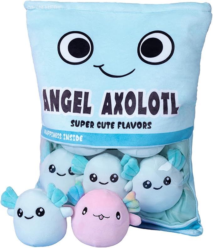 REFAHB Cute Axolotl Plush Toy, Removable Salamander Animal Stuffed Plush Pillow, Kawaii Plush Cushion Toy Game for Kids, Girls, Birthday Gift (6pcs a Bag, Blue)