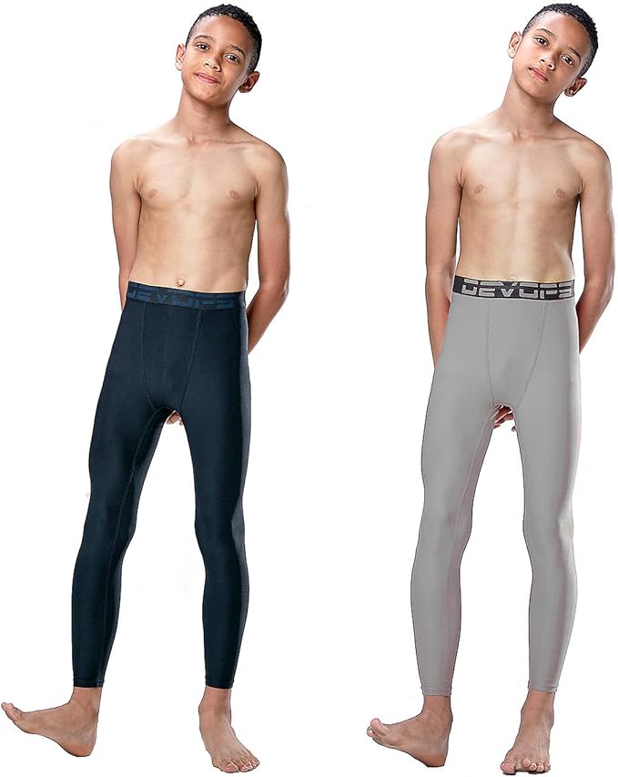 DEVOPS 2 Pack Youth & Boys Thermal Compression Baselayer Sport Tights Fleece Lined Pants & Long Sleeve Top