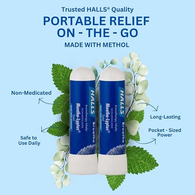 HALLS Nausea Relief Nasal Stick – Breathe Mentho-Lyptus, 100% Pure Essential Oils, Aromatherapy Nasal Stick for Sinus Relief, Stress & Craving Management, Mentho-Lyptus Scent, 2-Pack, Non-Medicated