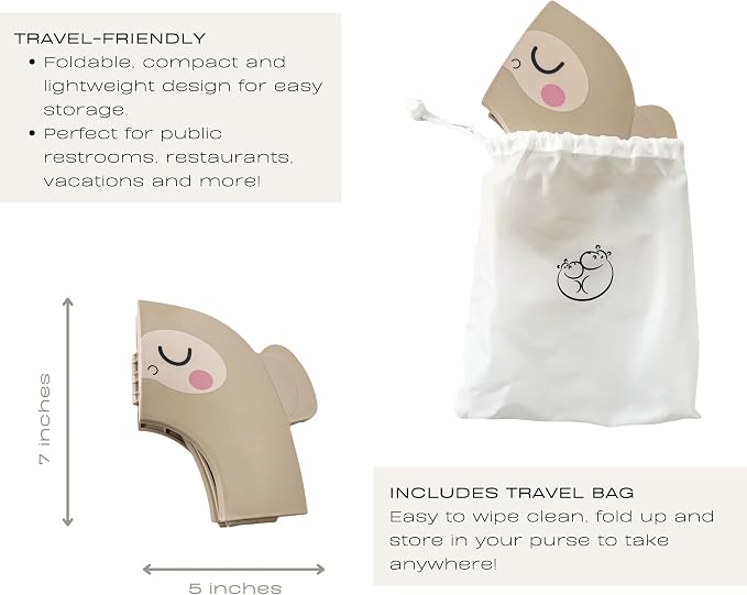 Hippypotamus Travel Potty Seat for Toddler - No-Pinch Folding Potty Training Seat - Non-Slip Silicone Grips - Includes Free Travel Bag (BEIGE Monkey)