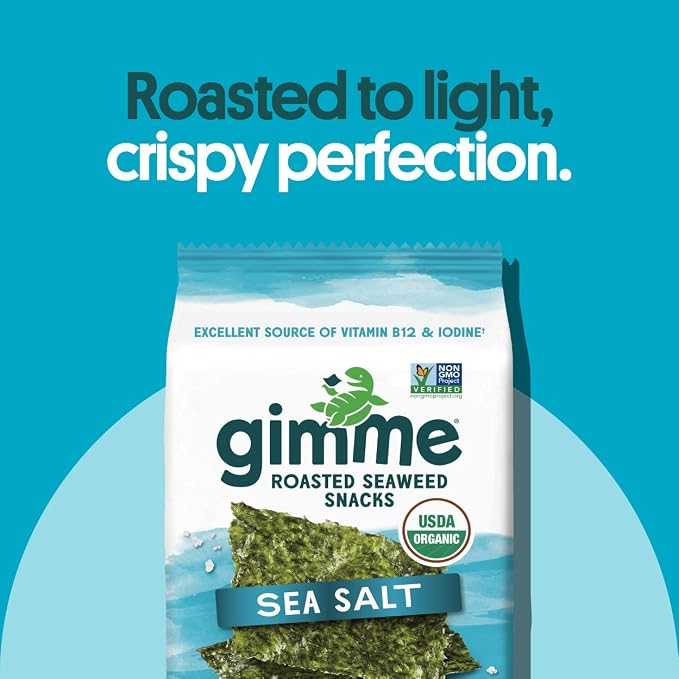 Gimme Seaweed Organic Premium Roasted Seaweed Snacks, Sea Salt, 12 Count Sharing Size, Keto, Vegan, Gluten-Free, Great Source of Omega3s and Iodine, Healthy On-The-Go Snack for Kids and Adults