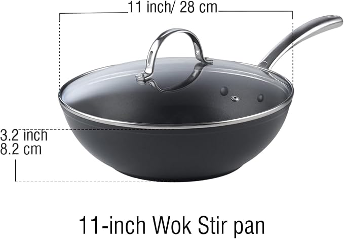 Cooks Standard Classic 11-Inch Hard Anodized Nonstick Wok Stir Fry Pan | 3-Qt Deep Frying Pan with Vented Glass Lid, Stay-cool Handle, Flat Bottom Wok fits most Stovetops, Not Induction