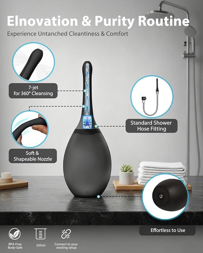 Douches for Men Enema Bulb - Anal Douche Anti-Backflow & Leakproof, Flexible Silicone Tube, 7 Spouts, Shower-Connected, Portable Douche for Travel and Home 8.3oz, （Black）