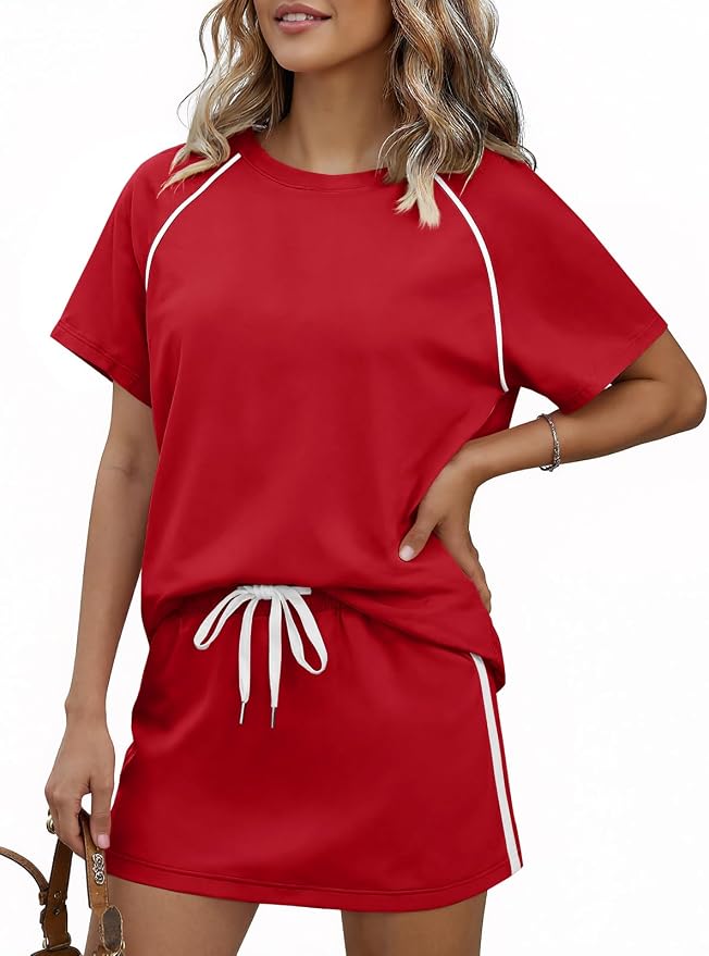 Womens 2 Piece Skirt Sets Summer Tennis Outfits Vacation Skort Set | Two Piece Sets, Short Set, Athletic Workout Golf Outfits, Crew Neck, Color Block, Drawstring, Workout Mathcing Lounge Sets