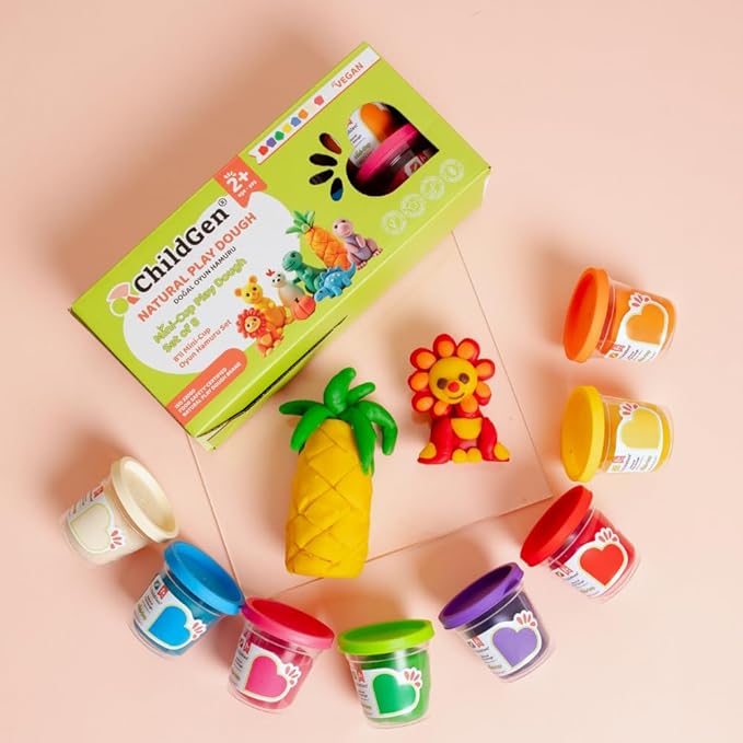 ChildGen Mini Cup Play Dough Set – 8 Pack, Non-Toxic, Natural Sensory Dough for Kids & Toddlers – Montessori Creative Play, Fine Motor Skills, Travel-Friendly Craft Set