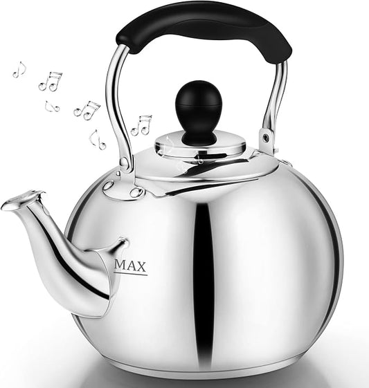 Stovetop Tea Kettle with Whistle - 2.0 Quart 18/8 Stainless Steel Tea Pot for Gas Stove & Electric Coil Stovetop, Food-Safe, Easy-Pour Spout, Mirror Polished Classic Water Kettle