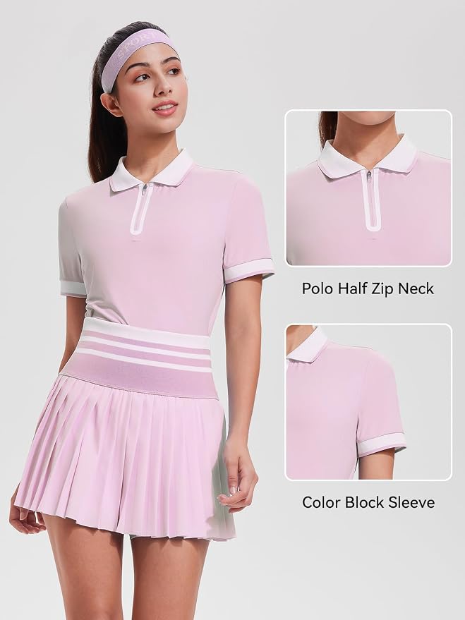 Tennis Skirt Sets for Women Zipper Color Block High Waisted Golf Polo Two Piece Skirt Set Women 2 Piece Outfits