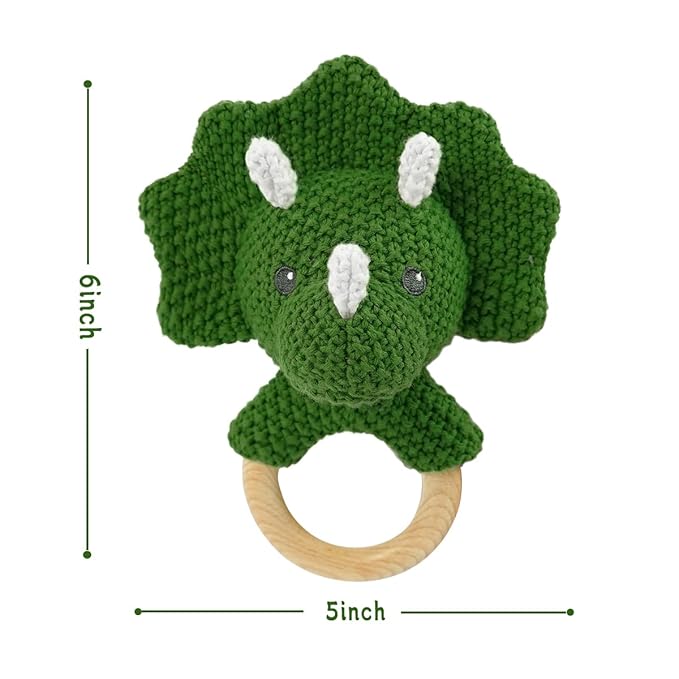 Baby Toys Stuffed Animals Handbell,Triceratops Rattle Toy Wooden Rattle Toys for Baby,Knit Stuffed Animal Cute Rattle with Teether Ring Newborn Birthday Gifts（Triceratops）
