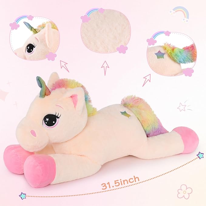 Tezituor 32in Unicorn Plush Toys,Beige Giant Unicorn Stuffed Animals,Lovely Plushies Birthday Decorations for Girls,Big Unicorns Gifts for Children