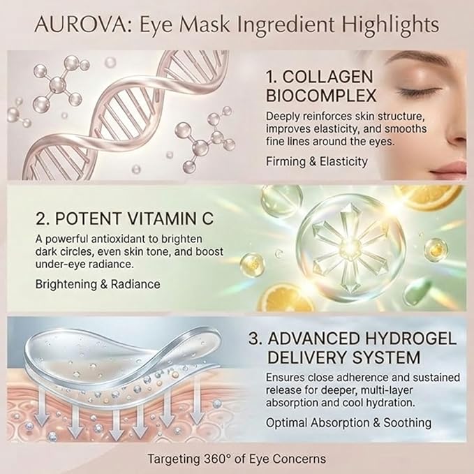 Aurova Beauty Eye Mask, 360° Full-Eye Lift Mask, Eye Mas with Collagen & Vitamin C, Nourishing & Non Irritating, for Puffy Eyes and Dark Circles (7 Pairs/14 Pieces)