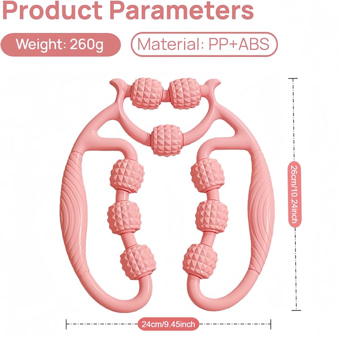 9-Wheel Muscle Massage Roller, Pink, PP+ABS Material, Adjustable for Cervical Arm Thigh Calf Massage, 10.24in x9.45in
