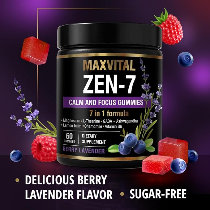 Zen-7 Calm & Focus Gummies for Adults - Sugar Free Daily Calm & Mental Clarity Support - L-Theanine, GABA, Ashwagandha, Magnesium, Lemon Balm & B6 - Berry Lavender - 60 Vegan Gummies