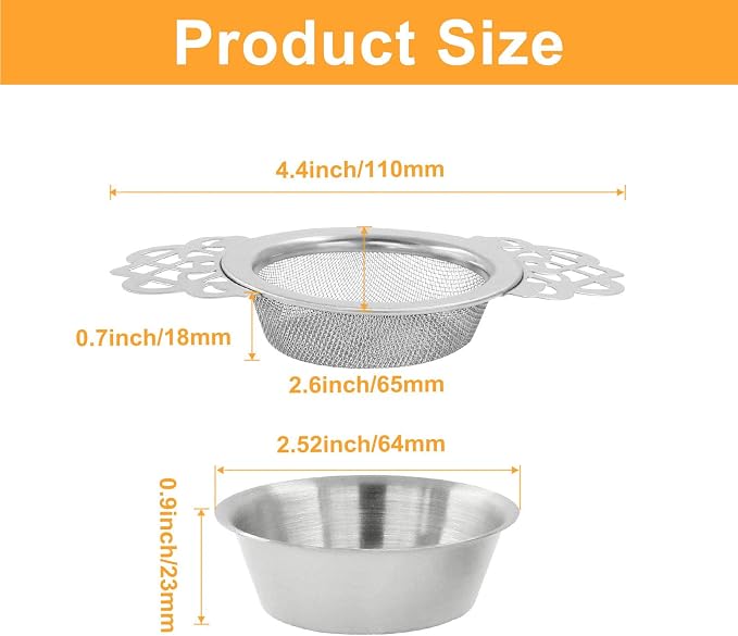 Waziaqoc 2 Pack Tea Fine Mesh Tea Strainers with Bowl, Stainless Steel Loose Leaf Tea Filter for 2.5-4 Inch Cup Mouth, Silver