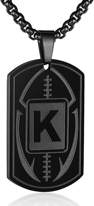 Initial A-Z Dog Tag Necklace for Men - Football Charm Pendant, Stainless Steel Chain 22+2 Inches, Personalized Sports Athletes Jewelry Gift