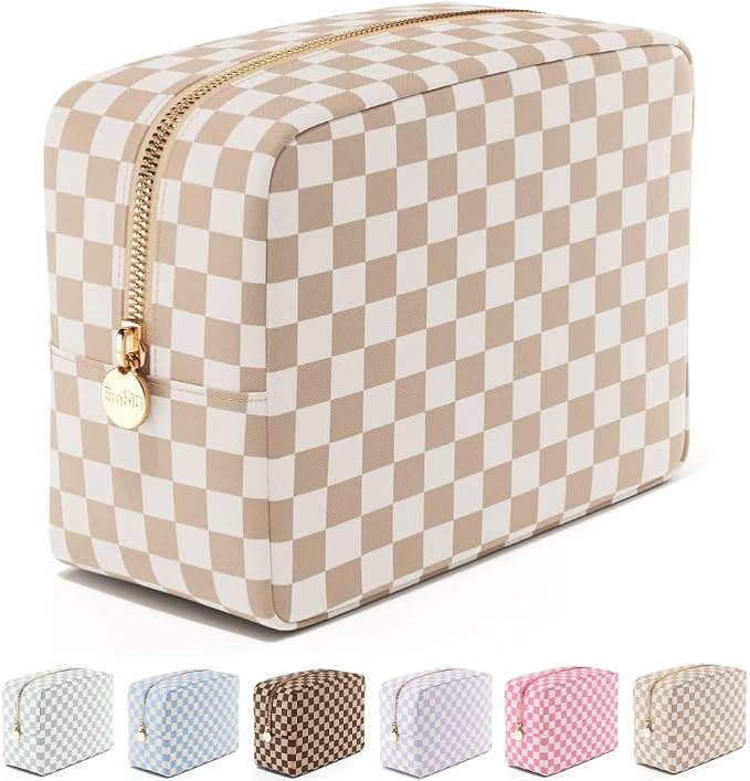 Embla Makeup Bag Travel Cosmetics Pouch and Toiletry Bag, Nylon Zipper Pouch Purse, Cute Make Up Organizer Storage Tote for Women Girls, Travel Skincare Case, Large Makeup Case, Sand Checkered