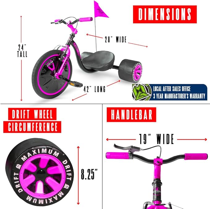 Drift Trike for Kids Ages 5+ – 16" Front Wheel Ride-On with Adjustable Seat, Steel Frame, Rear Slick Drift Wheels & Safety Flag – Madd Gear (Black/Pink)