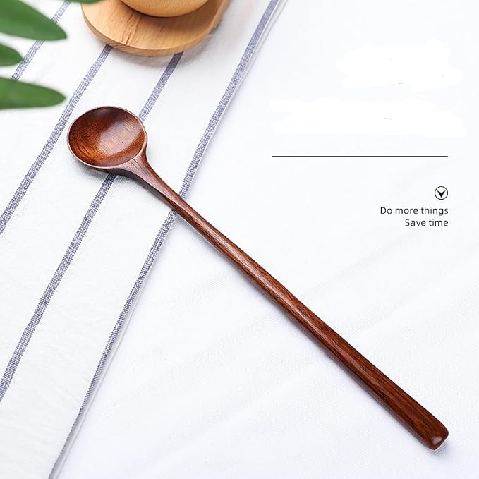 Long Soup Spoons, 11In Korean Style Natural Wood Long Handle Round Spoons | for Soup Mixing Stirrer Kitchen Tools Utensils