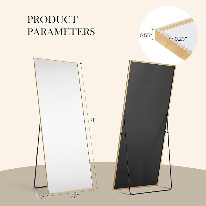 DUMOS 70.4"x25.6" Full Length Mirror with Stand, Floor Body Mirrors Shatter-proorf Nano Glass with Aluminum Frame, Free Standing or Hanging Leaning, Modern Simple for Home Decor, Gold