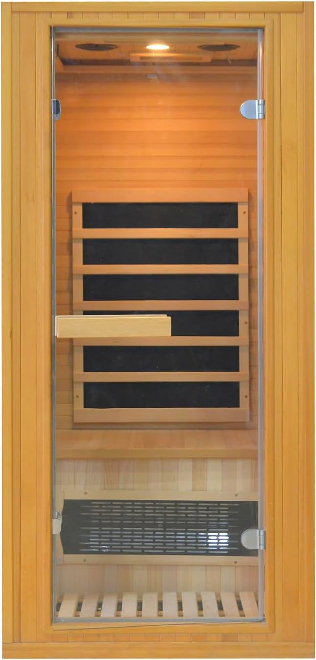 Home Infrared Sauna Room 1 Person Wooden Canadian Hemlock 1260W Low Magnetic Graphene Carbon Plate Heater Indoor Saunas (1-2 Person 34.25 * 31.1 * 66.9in)