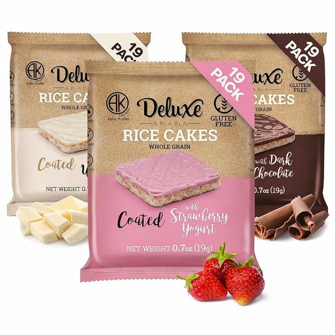 Deluxe & Bla Bla Chocolate Covered Rice Cakes 57 Pack – Whole Grain, Gluten-Free, Kosher Snack – Low-Calorie & Crunchy – Coated with Dark & White Chocolate & Strawberry Yogurt (19g Each)