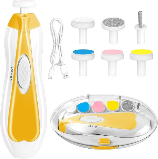 Qunlions life Baby Nail Trimmer Electric, 6 in 1 Rechargeable Baby Nail Clippers Manicure Set Grooming Kit for Toddler Infant or Adults (Yellow)