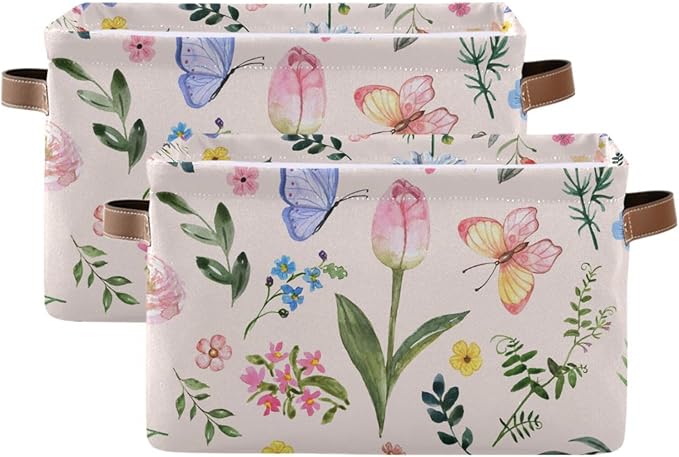 Aslsiy Storage Basket Cute Bright Flowers Easter Nursery Bins Butterfly Pink Canvas Clothes Shelf Basket Laundry Hamper Gift Basket 1 Pcs