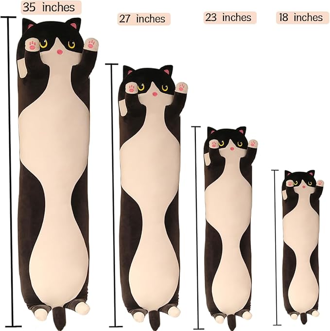Black Cat Long Plush Pillow Kitty Stuffed Animals Soft Sleeping Throw Pillow Doll Toy Gift(Black,18inches)