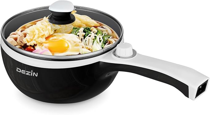Dezin Hot Pot Electric, 1.5L Non-Stick Portable Electric Pot, Dual Power | 700W Upgraded Electric Pot for Cooking Steak, Egg, Oatmeal, Soup, Mini Ramen Cooker for Dorm, Travel, Camping, RV, Black Pan
