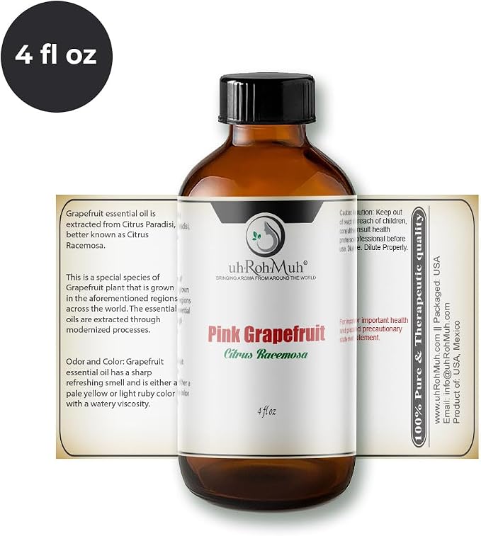 Pink Grapefruit Essential Oil Cold Pressed Citrus Paradisi Peel Oil Fresh Citrus Aroma Top Note Essential Oil for Aromatherapy Diffuser Skincare Haircare and Natural DIY Cosmetic Blends - 4 Fl oz