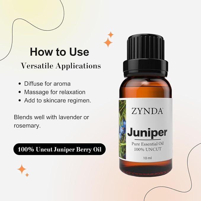 ZYNDA Premium Grade Juniper Essential Oil - Ideal Aroma Massage Oil to Nourish & Rejuvenate Your Skin - 100% Uncut, Natural & Therapeutic Juniper Berry Oil for Skincare & Emotional Balance - 10 ml