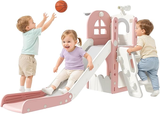 Babytronic Toddler Slide for Kids 1-3, 6-in-1 Toddler Slide Set with Basketball Hoop & Telescope, Indoor Outdoor Toddler Playset, Kids Climber Playset for Small Spaces, Indoor Playground, Pink