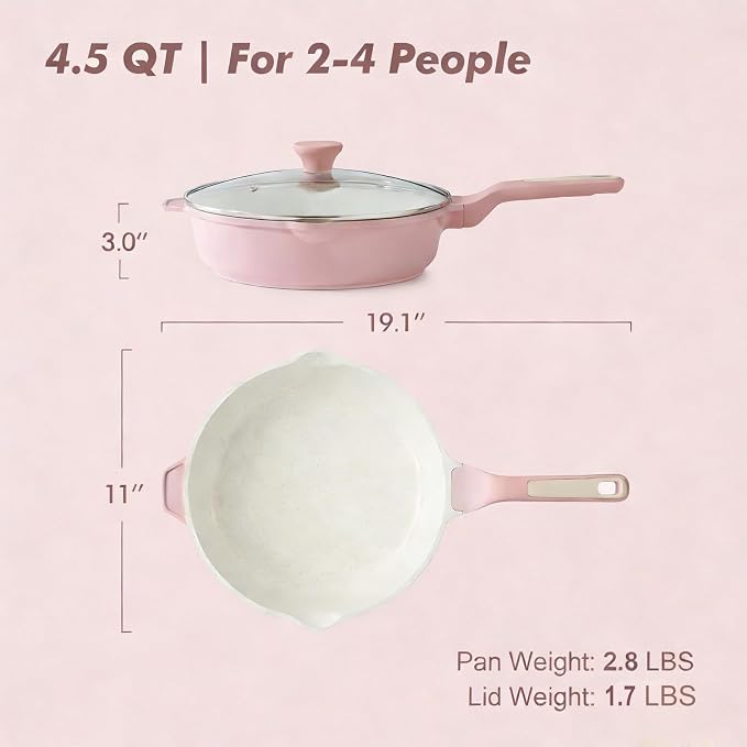 SENSARTE Nonstick Ceramic Skillet with Lid 11-inch, 4.5QT Non Toxic Deep Frying Pan, Saute Pan with Lid, Stay-cool Handle, Healthy Cooking Pot, Induction Compatible, Pink