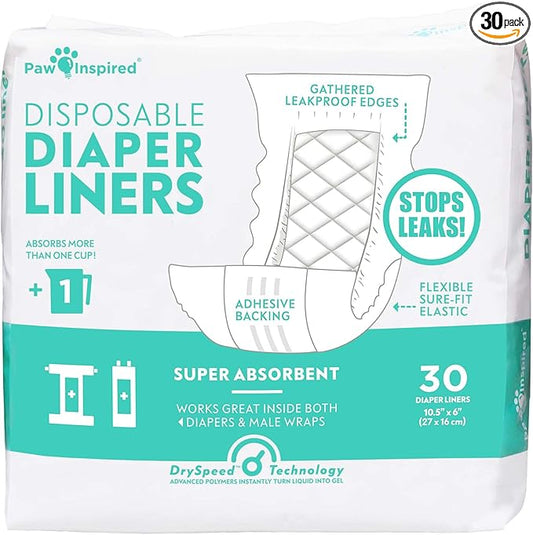 Paw Inspired Disposable Leakproof Dog Diaper Liners, 30 Pack | Super Absorbent Inserts for Reusable Washable Male & Female Dog Diapers & Belly Bands, Waterproof Backing