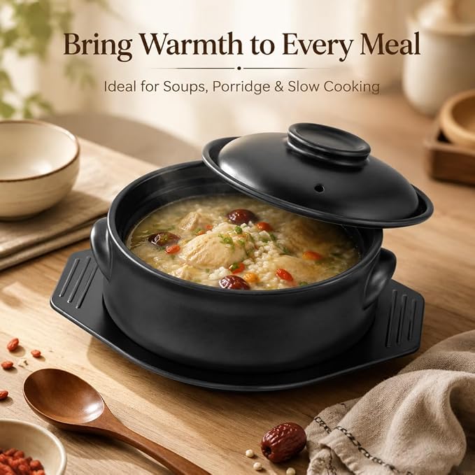 2 Pcs Korean Stone Pot Clay Cooking Pot Set, 38 oz Heat Resistant Ttukbaegi,Ceramic Dolsot Bowl with Lid & Trivet, ideal for Bibimbap, Korean Soup, Stew, Ramen & Rice