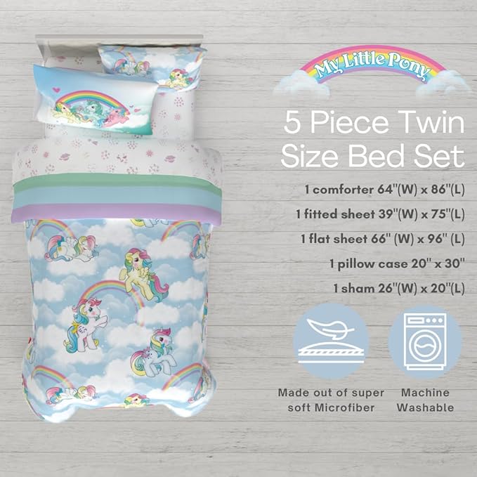 Franco Collectibles My Little Pony Classic Retro Unicorn Rainbow Bedding 5 Piece Super Soft Comforter and Sheet Set with Sham, Twin, (100% Official Licensed Product)
