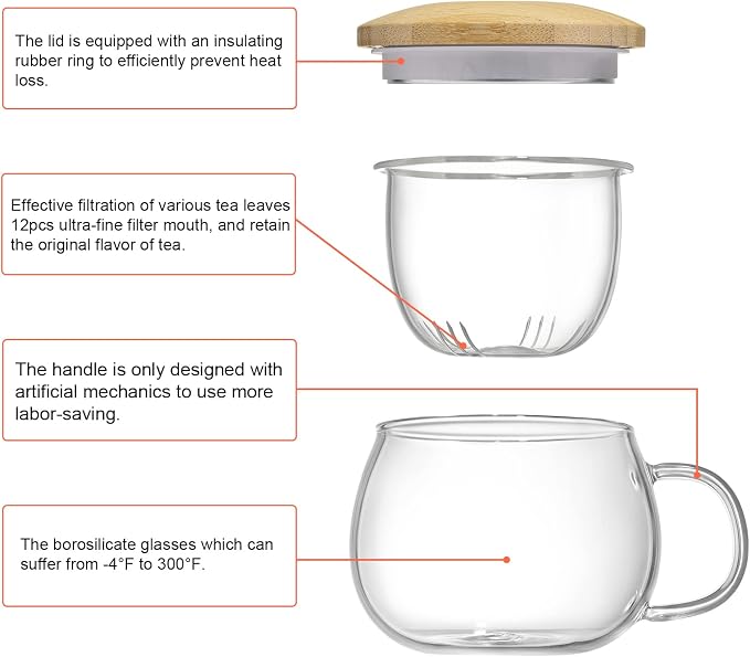 Lezero 13oz Tea Mug with Infuser and Lid Kit, Glass Teacup with Filter for Steeping Blooming & Loose Leaf Tea, Heat Resistance, Lead-free, Microwave & Dishwasher Safe, Gifts Box Include