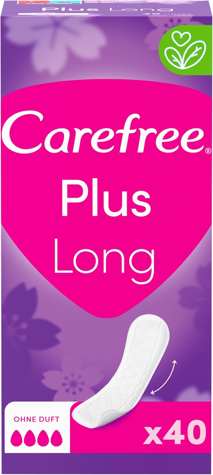 Carefree Plus Long Panty Liners with Ultimate Enhanced Core, Fragrance Free, Four Absorbency, Large, Extra Long, 40 Pack