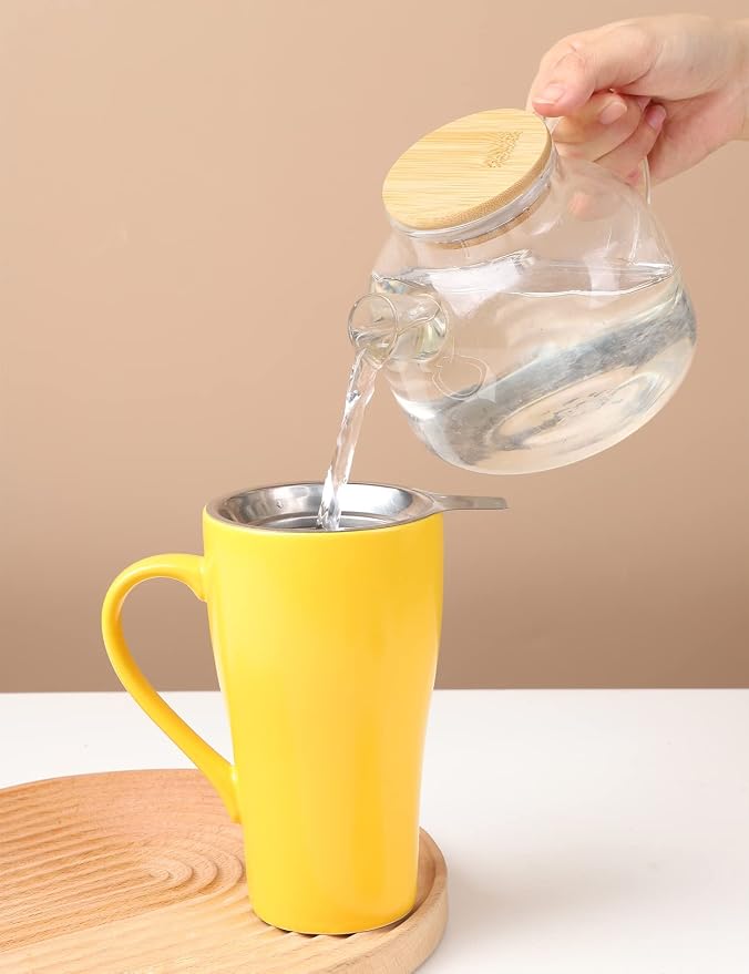 Tea Mug with Infuser and 2 Lids, 18oz Large Tea Infuser Cup, Tea Strainer Mug for Loose Leaf, Ceramic Travel Mug with Teabag Holder (Yellow)