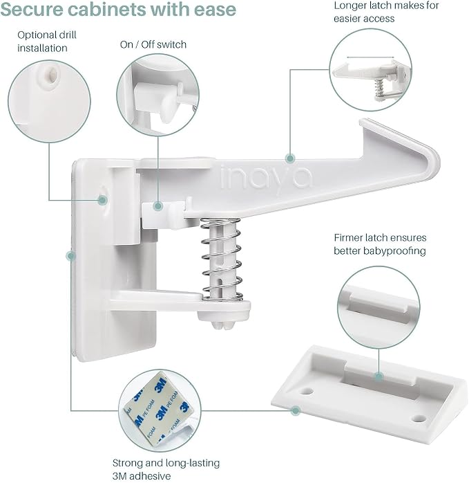 Inaya Cabinet Locks Child Safety Latches (Pro Extended) - Baby Proofing Cabinets & Drawers Locks - Child Proof Your Home - No Drilling & No Tools Required! (12 Pack)