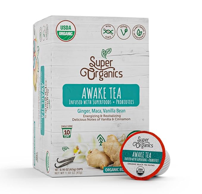 Super Organics Awake Black Tea Pods With Superfoods & Probiotics Keurig K-Cup Compatible Energy, Revitalizing, Refreshing Chai Tea k Cups, USDA Certified Organic, Vegan, Non-GMO, Natural & Delicious, 10ct