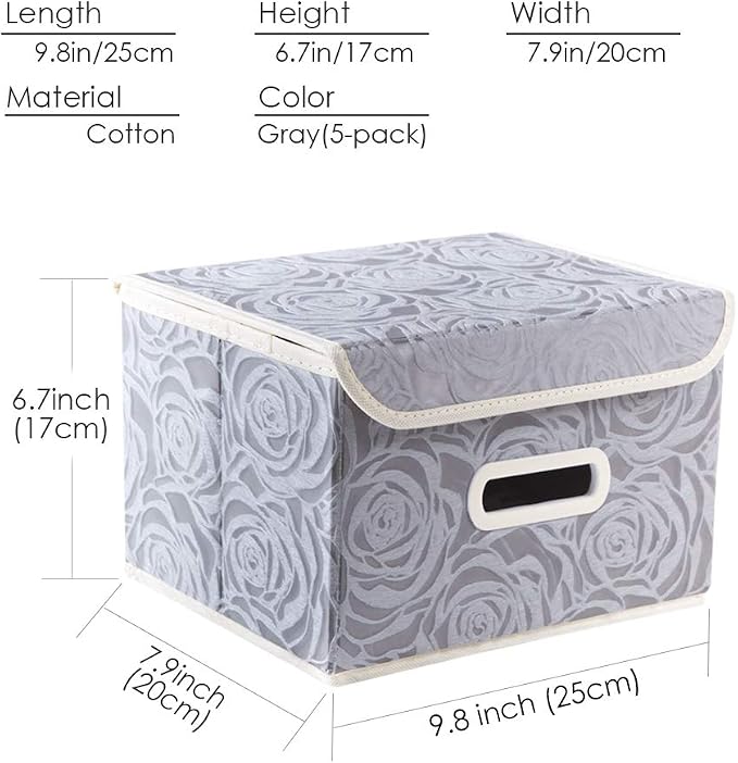 Stackable Storage Boxes with Lids [5-Pack] Fabric Decorative Storage Bins Cubes Organizer Containers Baskets with Cover Handles Divider for Bedroom Closet Living Room Grey 9.8x7.9x6.7 Inch