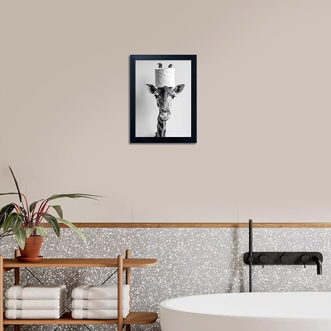 Framed Funny Bathroom Wall Art, Giraffe with a Toilet Paper Roll on Head Decor, Black and White Bathroom Pictures Wall Decor, Humor Animal Canvas Print Artwork