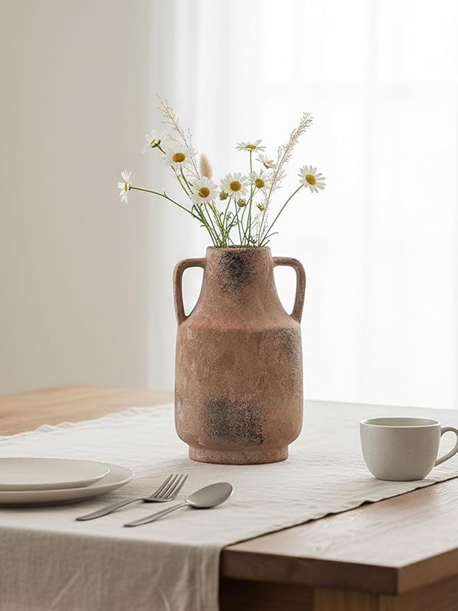 Kanwone Ceramic Vase with Handles, 11 Inch Tall Flower Vase for Centerpieces, Decorative Farmhouse Rustic Vase, Large Terracotta Vases for Home Decor, Living Room, Kitchen, Table, Mantel, Retro