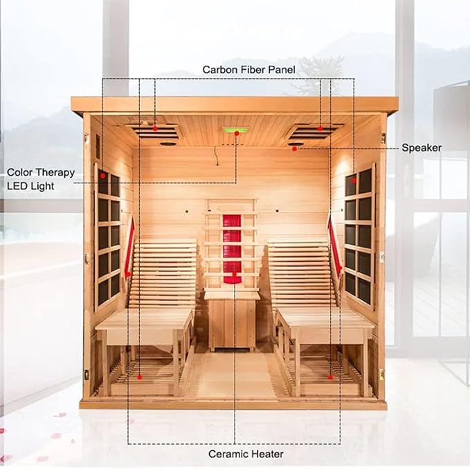 Infrared 2 Person Wooden Sauna Room, Luxurious Red Cedar Sauna with Recliner, 3400W Dry Heat Sauna for Home, 9 Heating Panels, Bluetooth Speaker, 7Color Lights, Oxygen Bar, 220V(Red Cedar)
